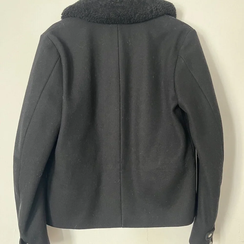 Shearling Trim Collar Black Wool Aviator Jacket - Picture 4 of 8